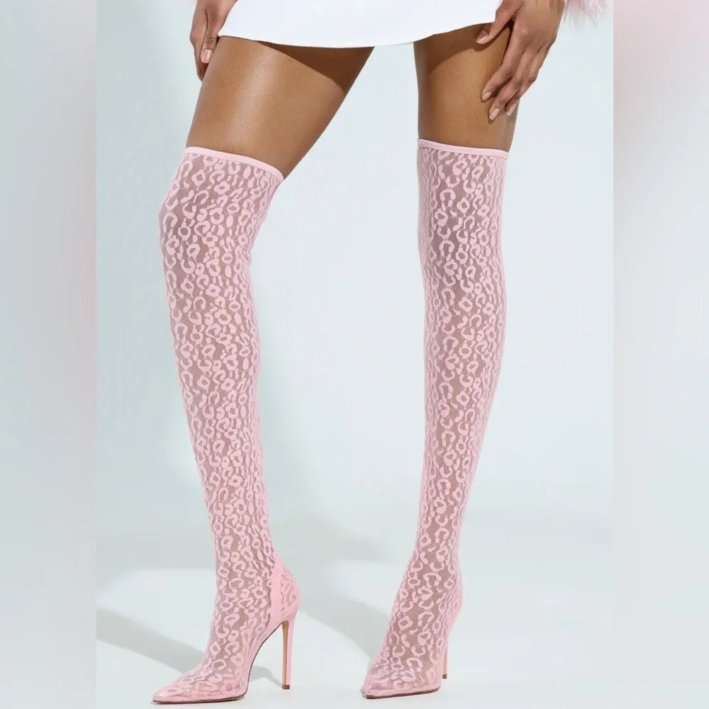 AZALEA WANG Pink Leopard Animal Print Lace Thigh High Boots